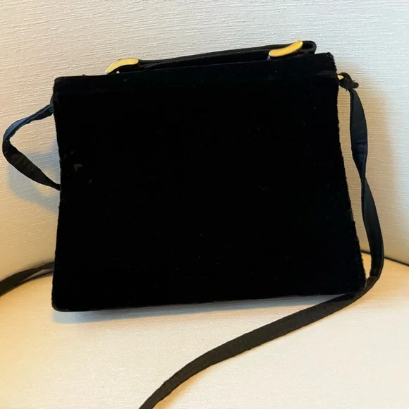 Black velvet evening bag with gold hardware. - Picture 2 of 5